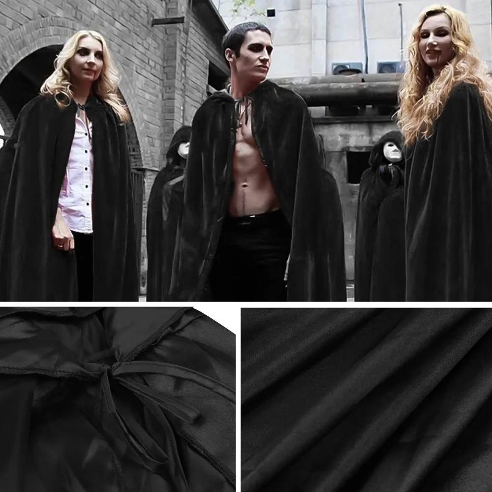 Miękki czarny płaszcz na Halloween - unisex, z kapturem, długa szata wiedźmy, rekwizyt do kostiumu cosplay i dekoracja na imprezę