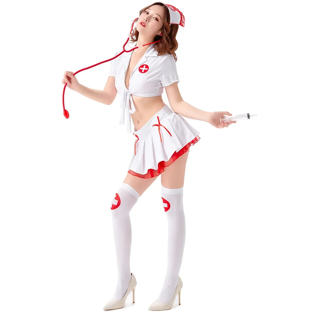 

Sexy Nurse Uniform Set Cosplay Costume For Girl Bar Split Pleated Skirt Nurse Outfit