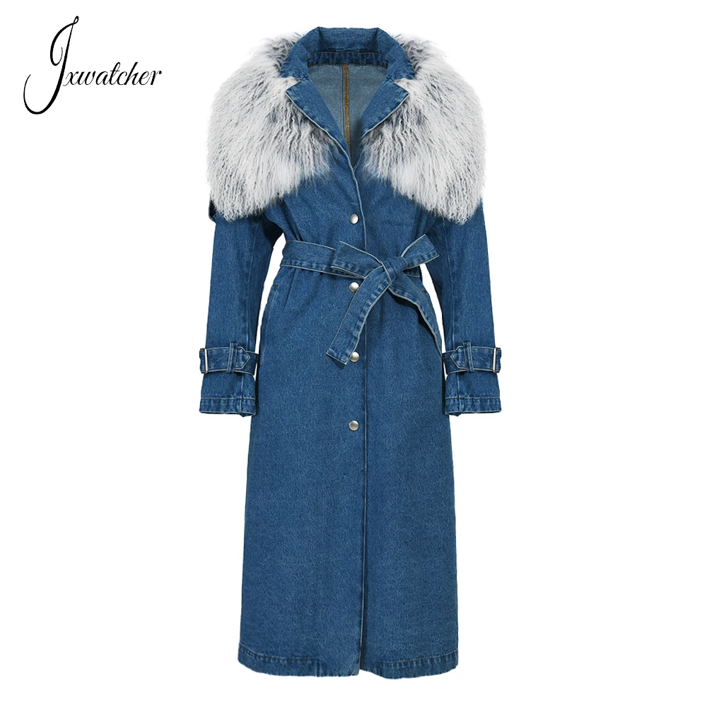 Jxwatcher Denim-Mantel 2024, neuer Denim-Windschutz mit mongolischem Pelzkragen, Damen-Frühlingsjacke, Damen-Trenchcoats, Herbst