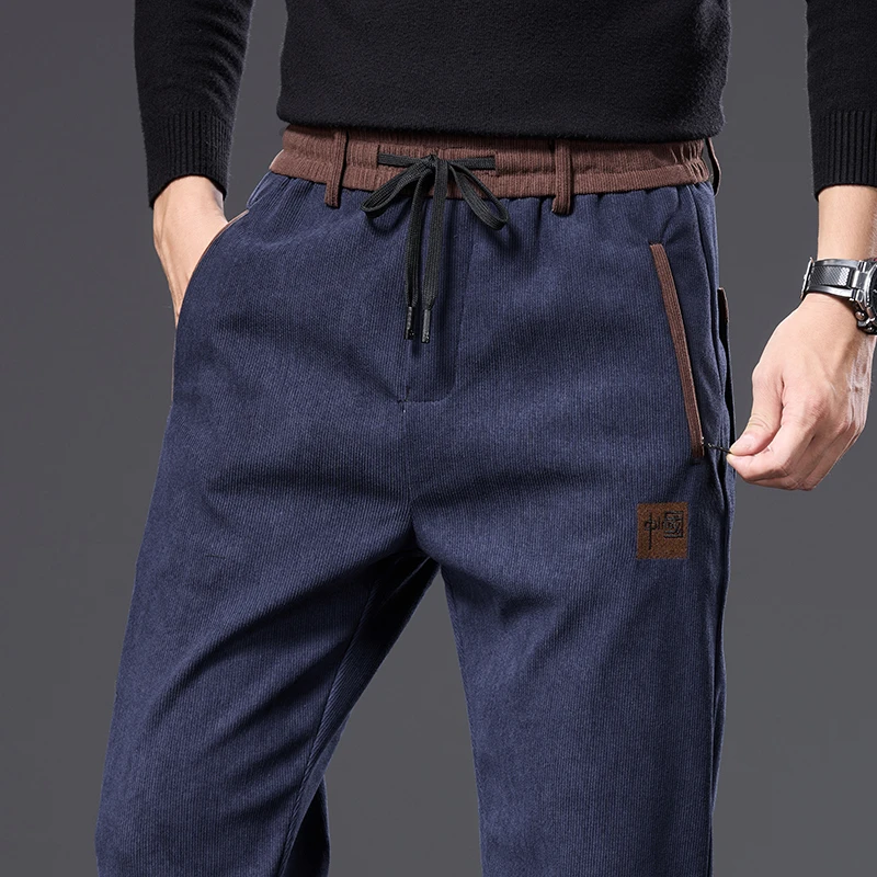 2024 New Men's Casual Pants Straight-Leg Loose-Fit Long Trousers Elastic Waistband Zipper Corduroy Pants