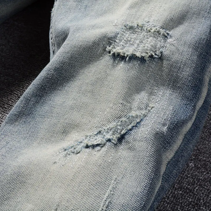 Street Fashion Men Jeans Retro Light Blue Stretch Slim Fit Hole Patched Ripped Jeans Men Embroidery Designer Vintage Denim Pants