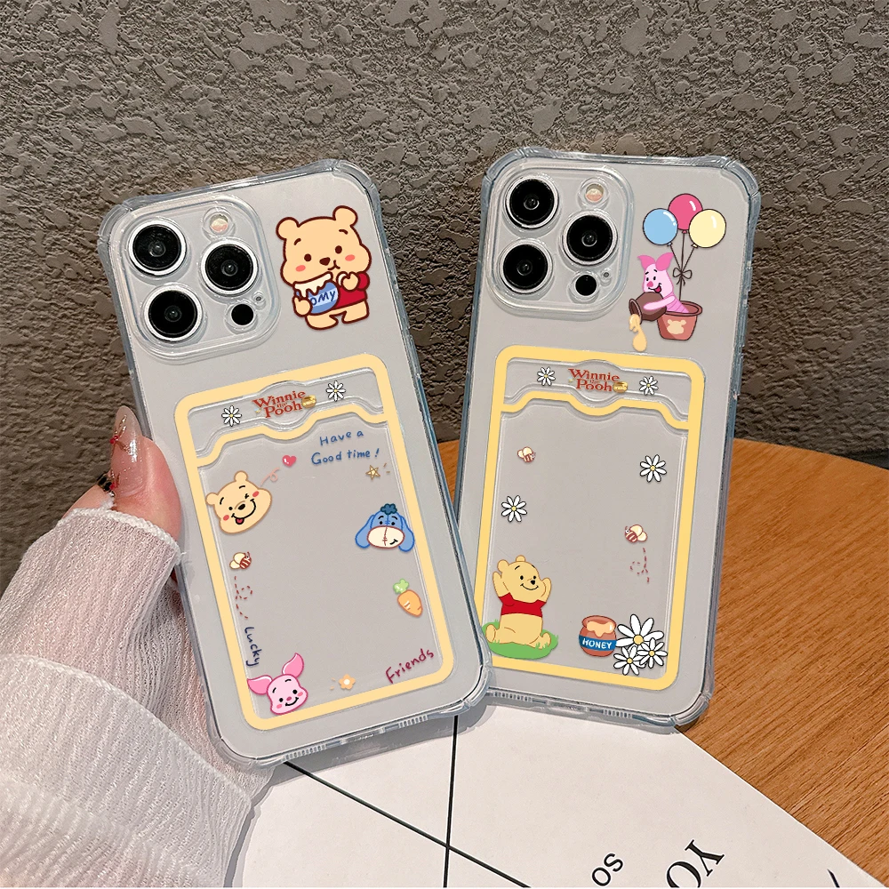 Disneies Winnie the Pooh Card Hold Case for IPhone 15 14 13 12 11 Mini Pro Max X XR XSMax 6S 6 7 8 Plus SE Anti-fall Clear Cover