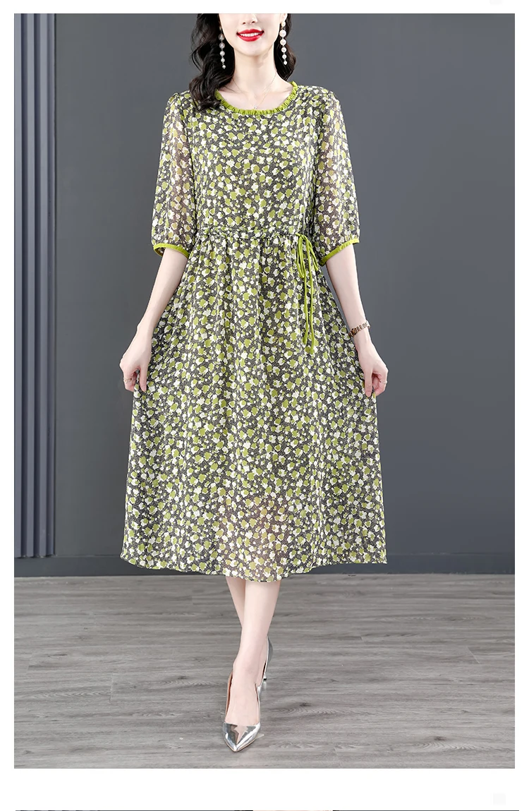 Sommer Neue Blumen Druck Seide Casual Midi Kleid Frauen Elegante Lose Chic Hübsches Kleid Grün Vintage Party Kleider