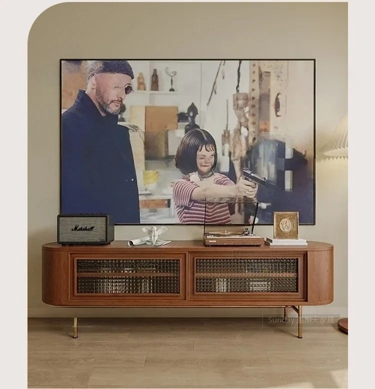 

S Nordic glass TV cabinet medium antique wood color locker living room locker can be customized