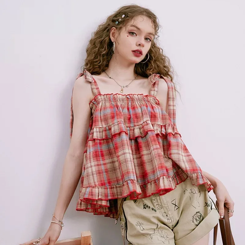 Girly Y2k Crop Top Homemade Summer New Japan Style Vintage Sweet Spicy Fungus Edge Lace Up Green Plaid Strap Tank Top for Women