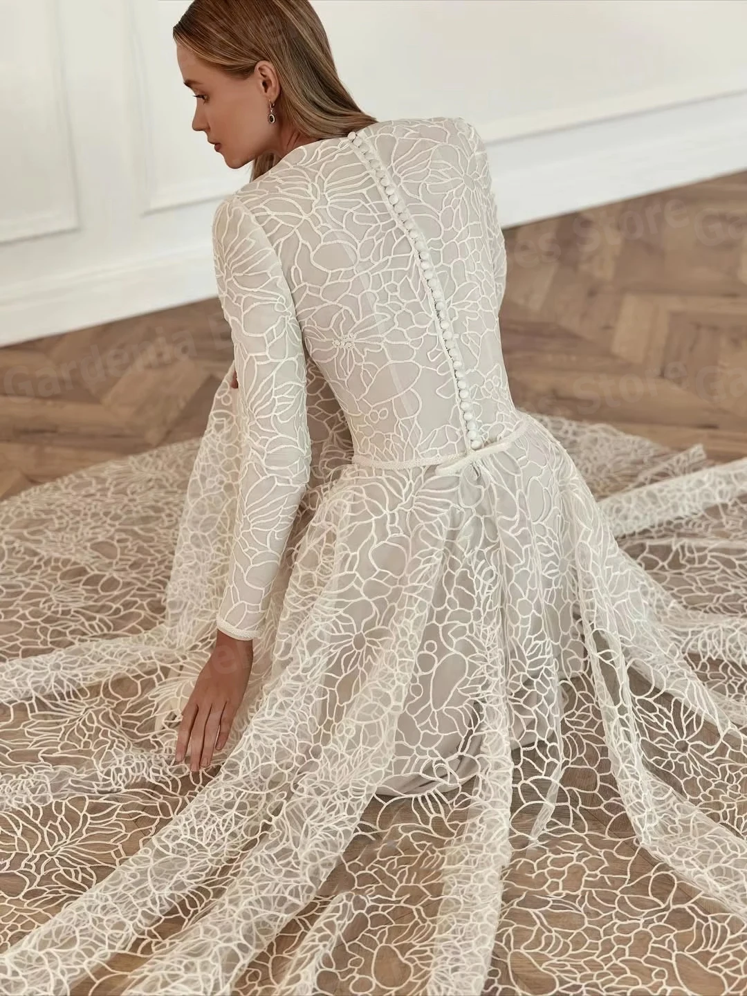 Charming A Line Women's Evening Dresses Elegant O Neck Lace Prom Gowns Vestidos Para Mujer Customized Long Sleeve Robe De Soirée image 3