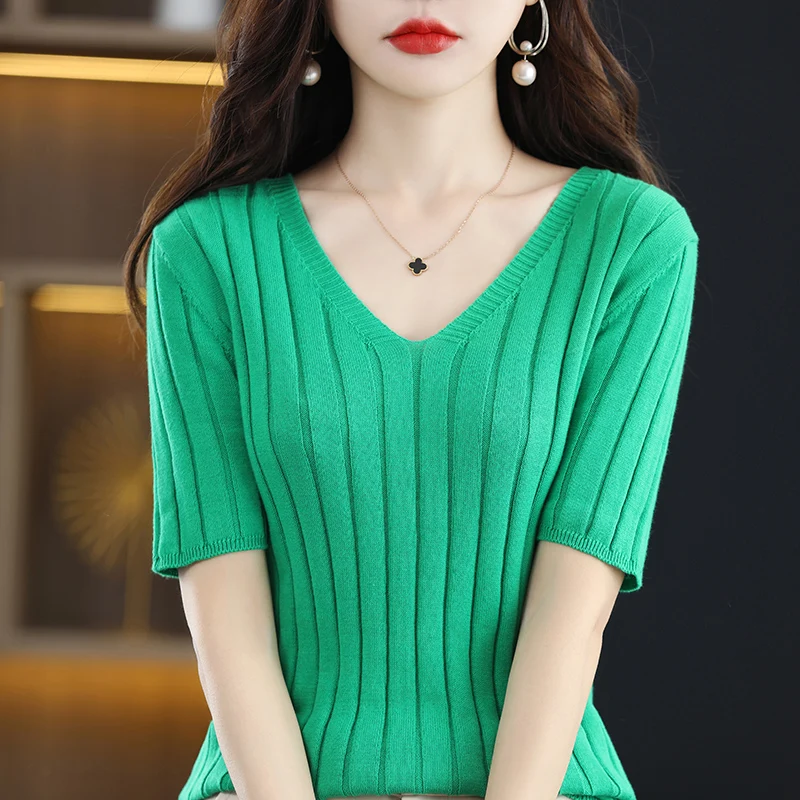 100% cotton short-sleeved 2023 summer new women's V-neck pullover loose knit solid color top casual fashion half-sleeve T-shirt