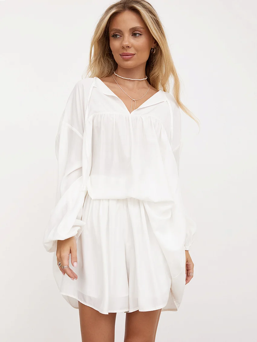 

Marthaqiqi 2025 new Women Sleepwear 2 Piece Set Long Sleeve Nightgown V-Neck Pajama Lace Up Nightwear Shorts Ladies Nightie Suit