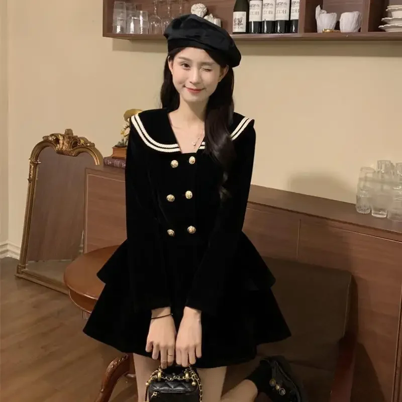 

Spring Autumn Preppy Style Sailor Collar Velvet Dress Long Sleeve Double Breasted Cupcake Dress Elegant Sweet Solid Skirt CY69