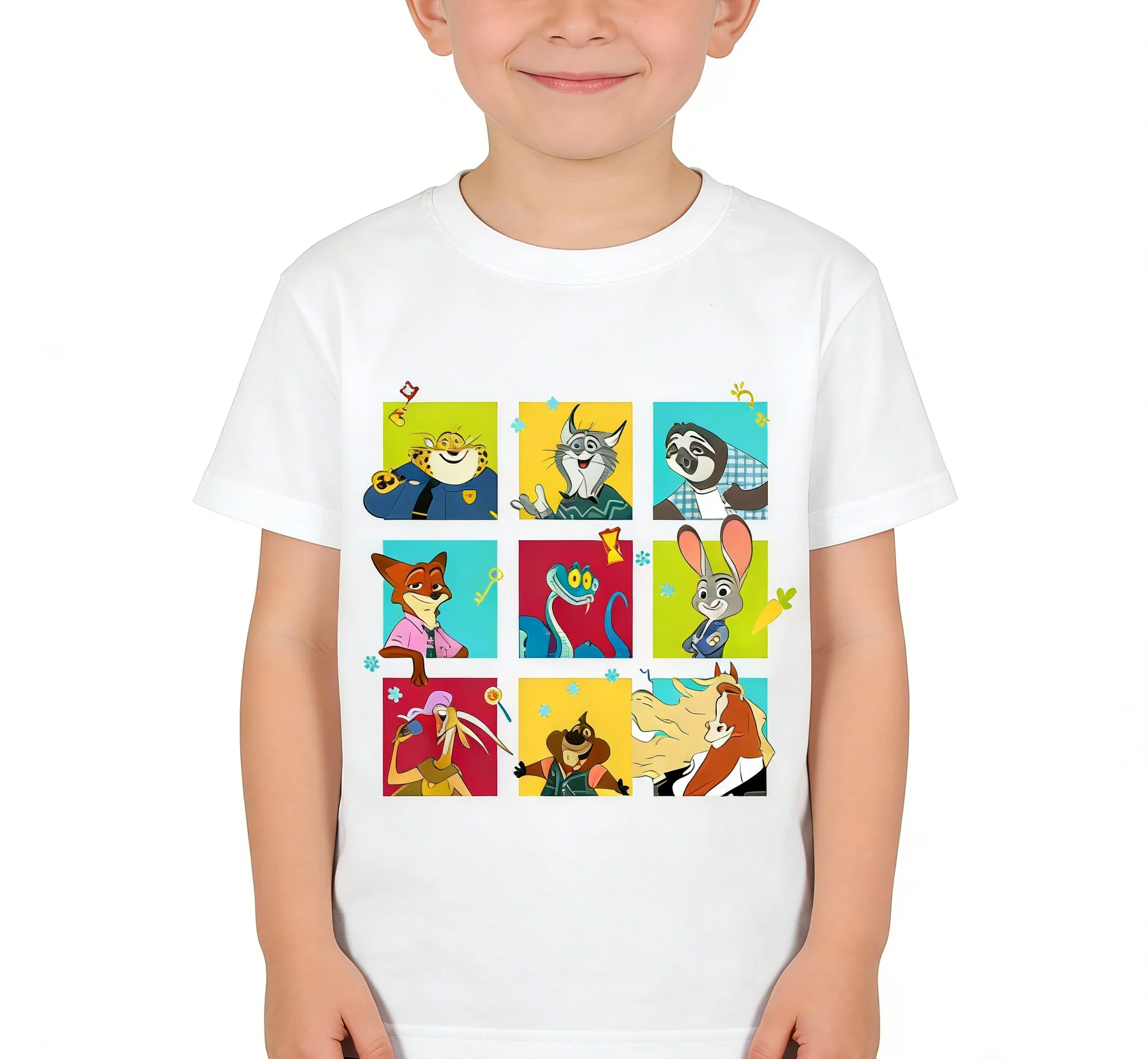 

Детская футболка с принтом Zootopia 2, хлопковая футболка с круглым вырезом из изображения мультфильма Диснея, детский подарок, повседневный уличный стиль, можно стирать в машине