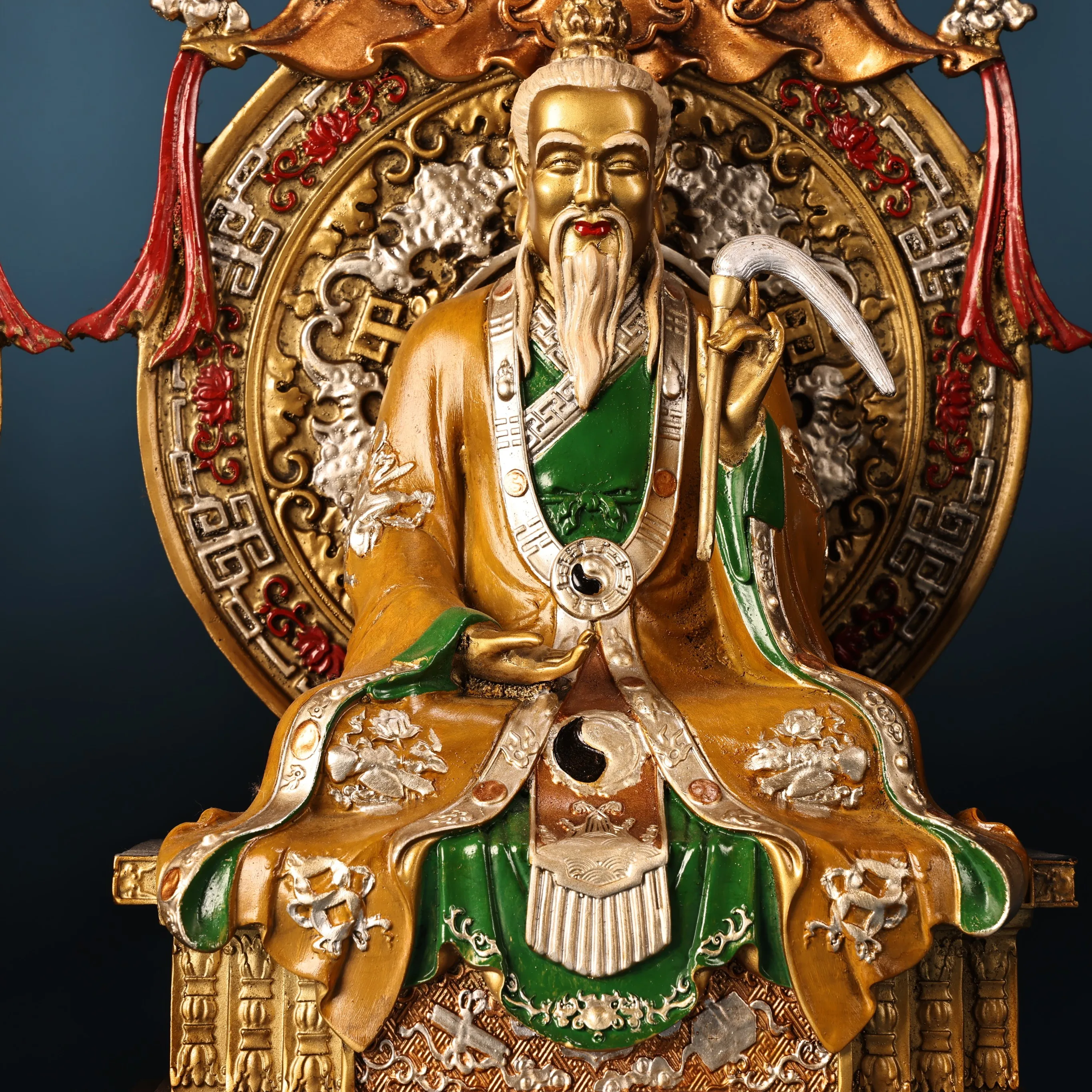 Old Bronze Painted High Relief The founder of Taoism Three Zun immortal Taishang Laojun backlight Buddha Terrace