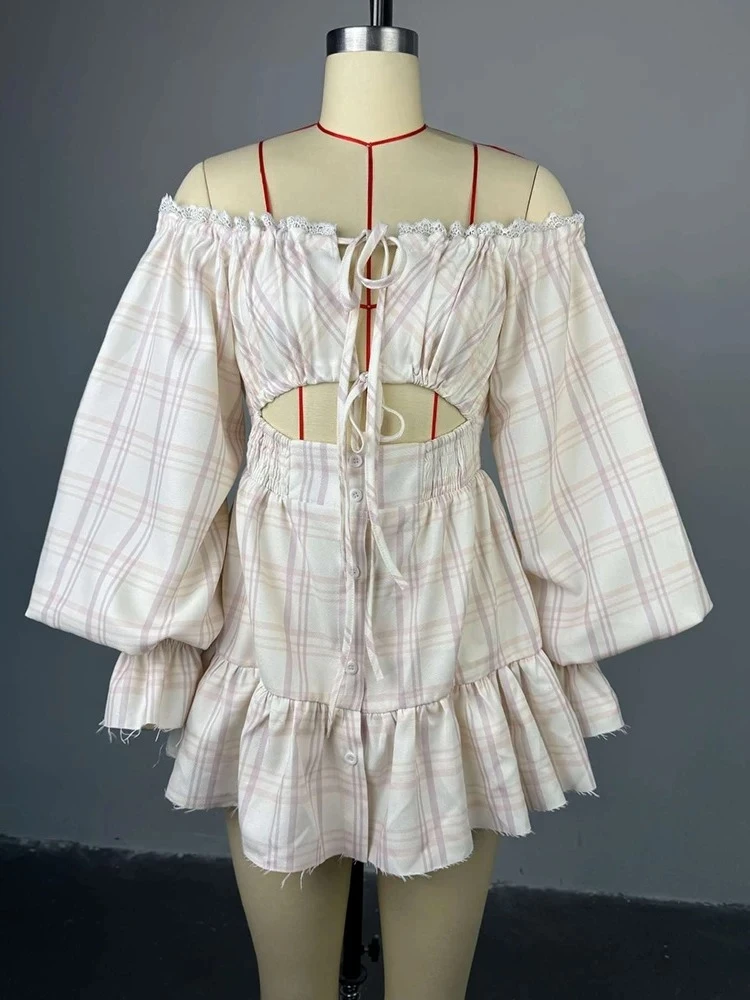 2025 mode courte Sexy femmes robes dentelle hors de l'épaule robe d'été avec lanterne manches Sexy découpé robe taille élastique