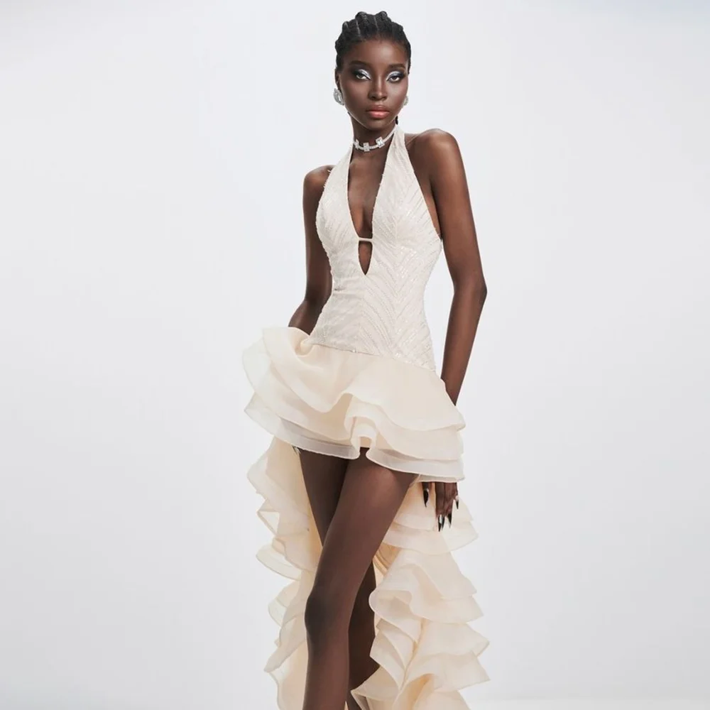 우아한 프릴 장식 민소매 나이트가운 로브 우아한 여성 프롬 드레스 V넥 고급 맞춤 제작 이브닝 드레스