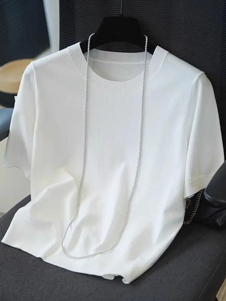 

Commute Elegant Color round Neck Ice Silk Short Sleeve Knitted Summer Casual Loose Feeling Top Women's plus Size T-shirt