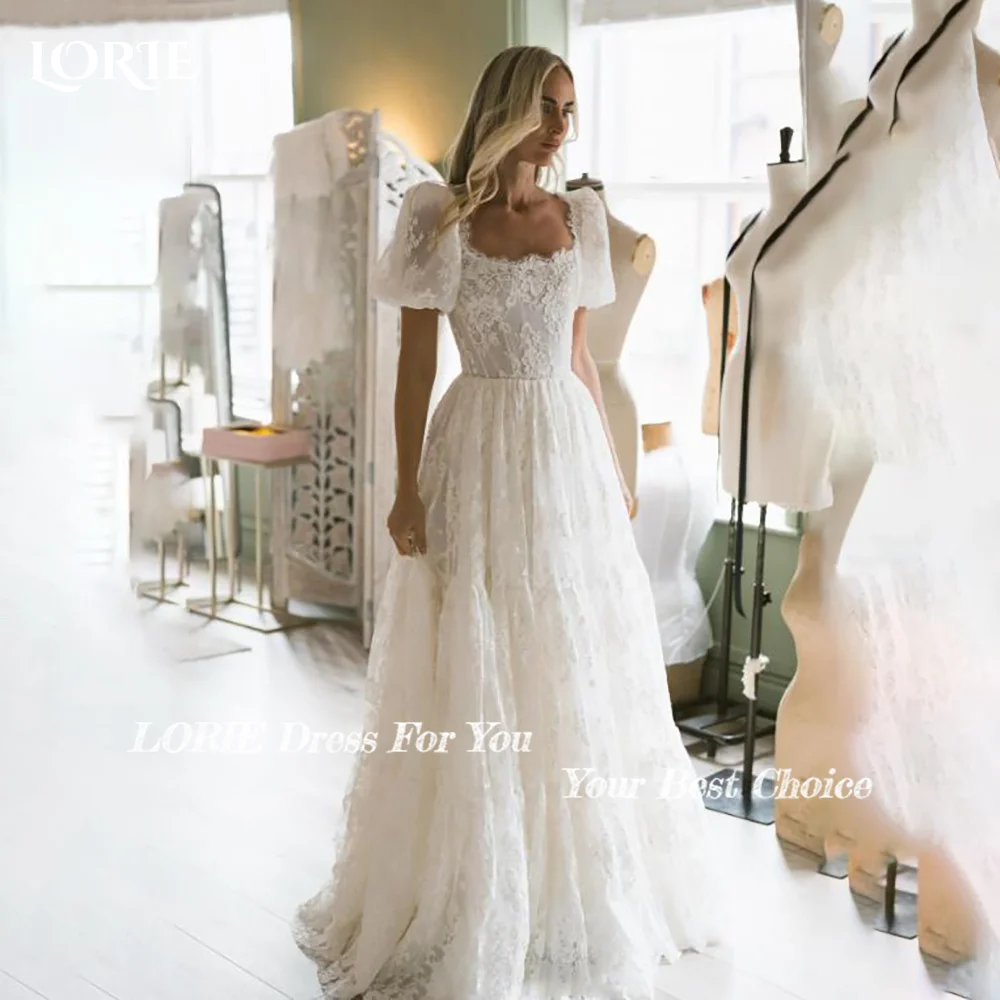 LORIE Sexy Satin Puff Sleeve Wedding Dresses A-line Pleats High Collar Ruffle Elegant Customized Bridal Gown vestidos de novia