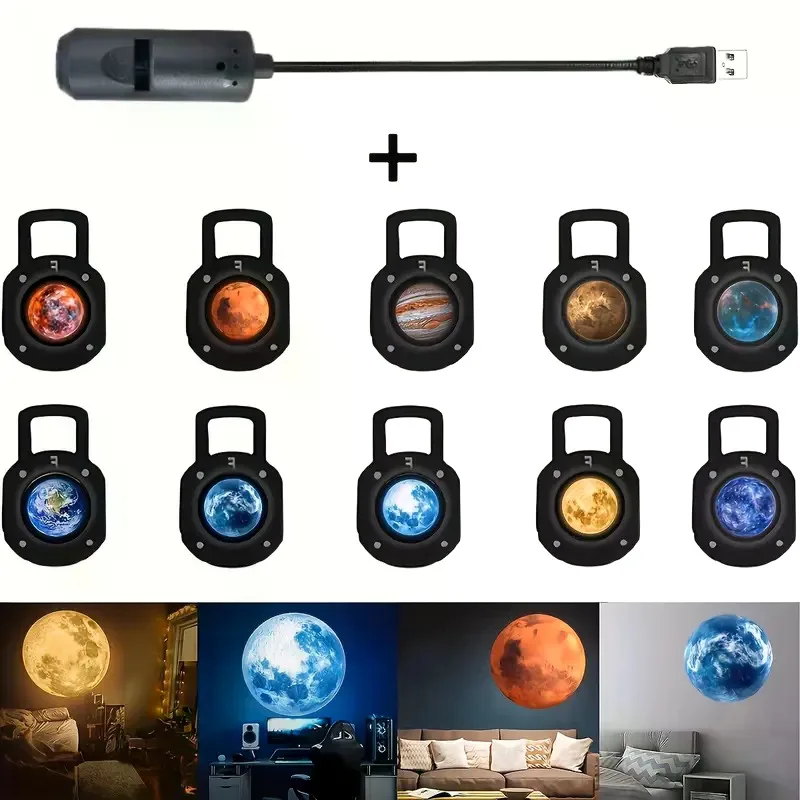 USB Powered Moon Projector Lamp with Creative Patterns, 10 Replaceable Images, 3D Effects - Room Decor, Ideal for Photo Shoots, Perfect Christmas Holiday Gift  Space Theme USB Projection Night Light USB Flexible Gooseneck Space Projector for Wall Ceiling