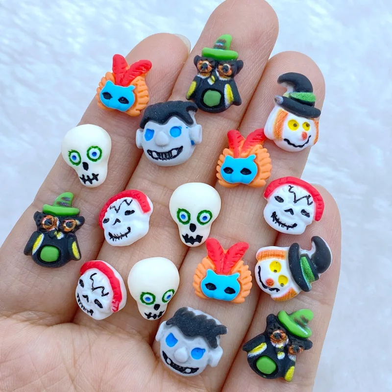 30pcs/Bag Kawaii Cartoon Halloween Skull Head Series 3D Art Decorations Macaron  Nails Charms Designs DIY Resin Nail Accessorie