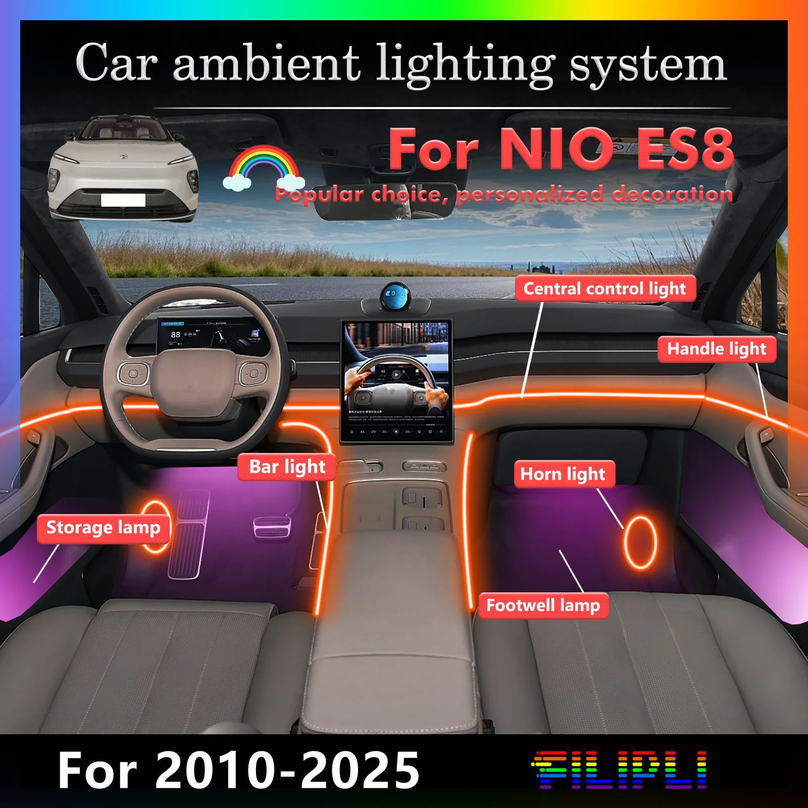 

For NIO ES8 Smart Remote Control Car Interior Ambient Light RGB 64 Colors LED Energy Saving Efficient Lamp Kit