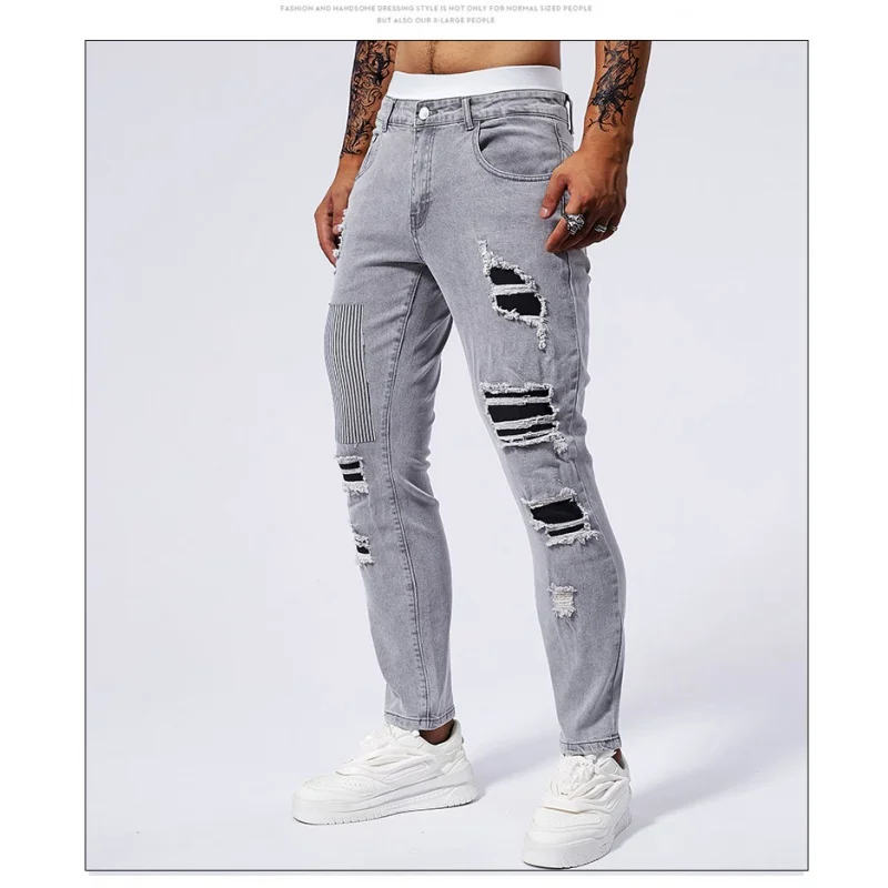 Skinny Jeans Men's Hole Patch Stitching Fashion Men's Clothing 2024 New High-End Stretch Slim Fit Tapered Pants