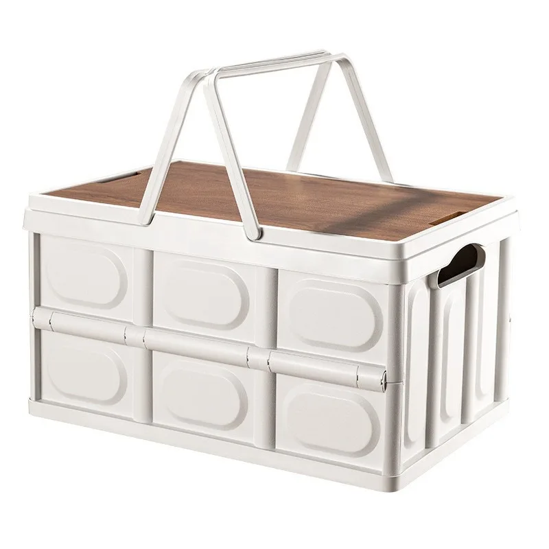 Folding Storage Box With Wooden Lid, Side Opening Stackable Foldable Storage Bin With Wooden Cover,