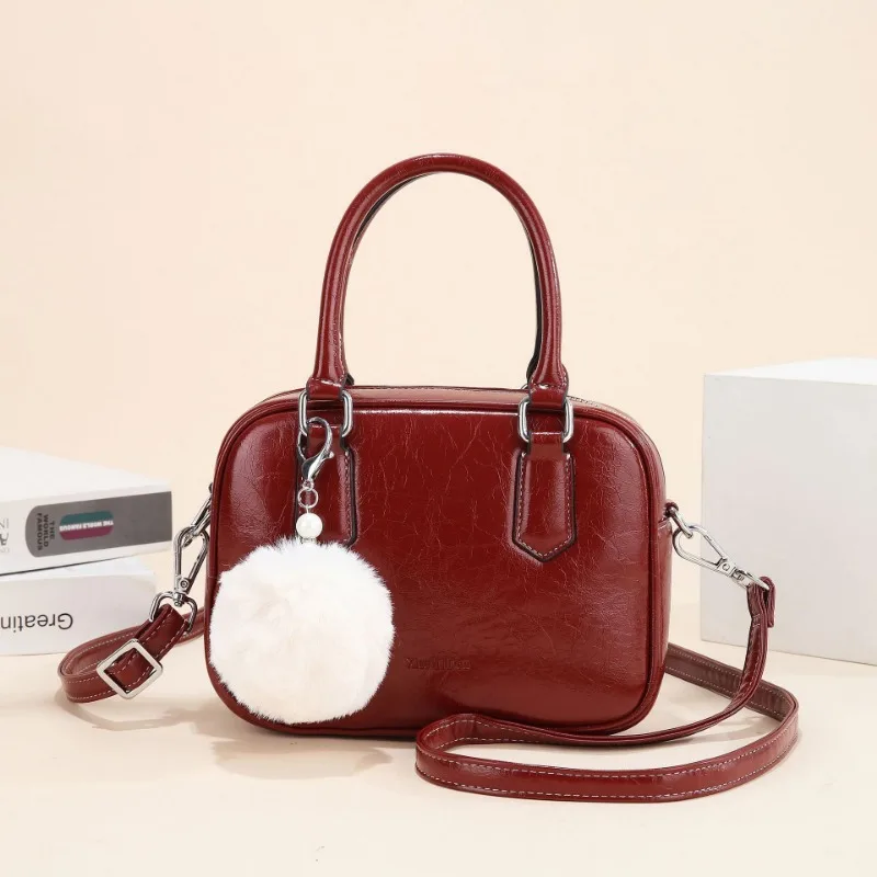 Fashion Hair Ball Decoration Handbag Women's Hot Sale of The Season Shoulder Bags High-End Boston Versatile Small Square Bag