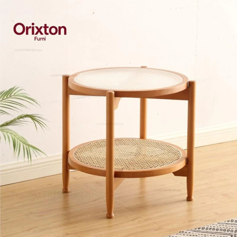 Rattan Coffee Table Japanese Double Layer Detachable Solid Wood Table Glass Round Home Small Table 2022 New Dropshipping