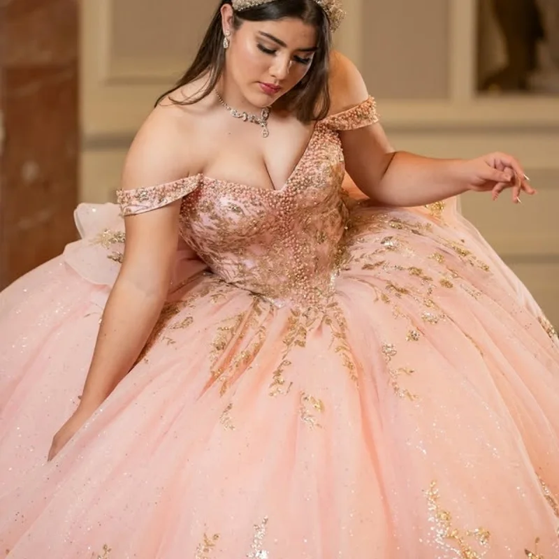 

Customized Pink Quinceanera Dresses Off the Shoulder sequin applique Tull layering Long tail Vestido 15 Quinceanera