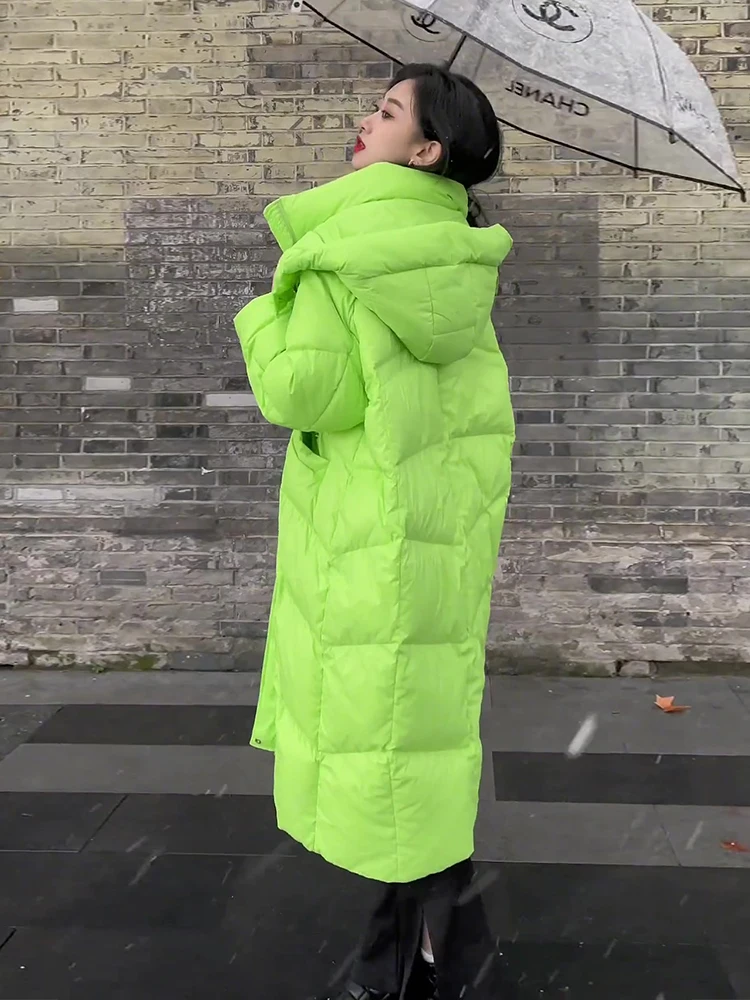 루즈핏 롱 한국 스타일 여성용 다운 재킷, 화이트, 무릎 아래까지 오는 패셔너블한 겨울 외투, 메모리 원단