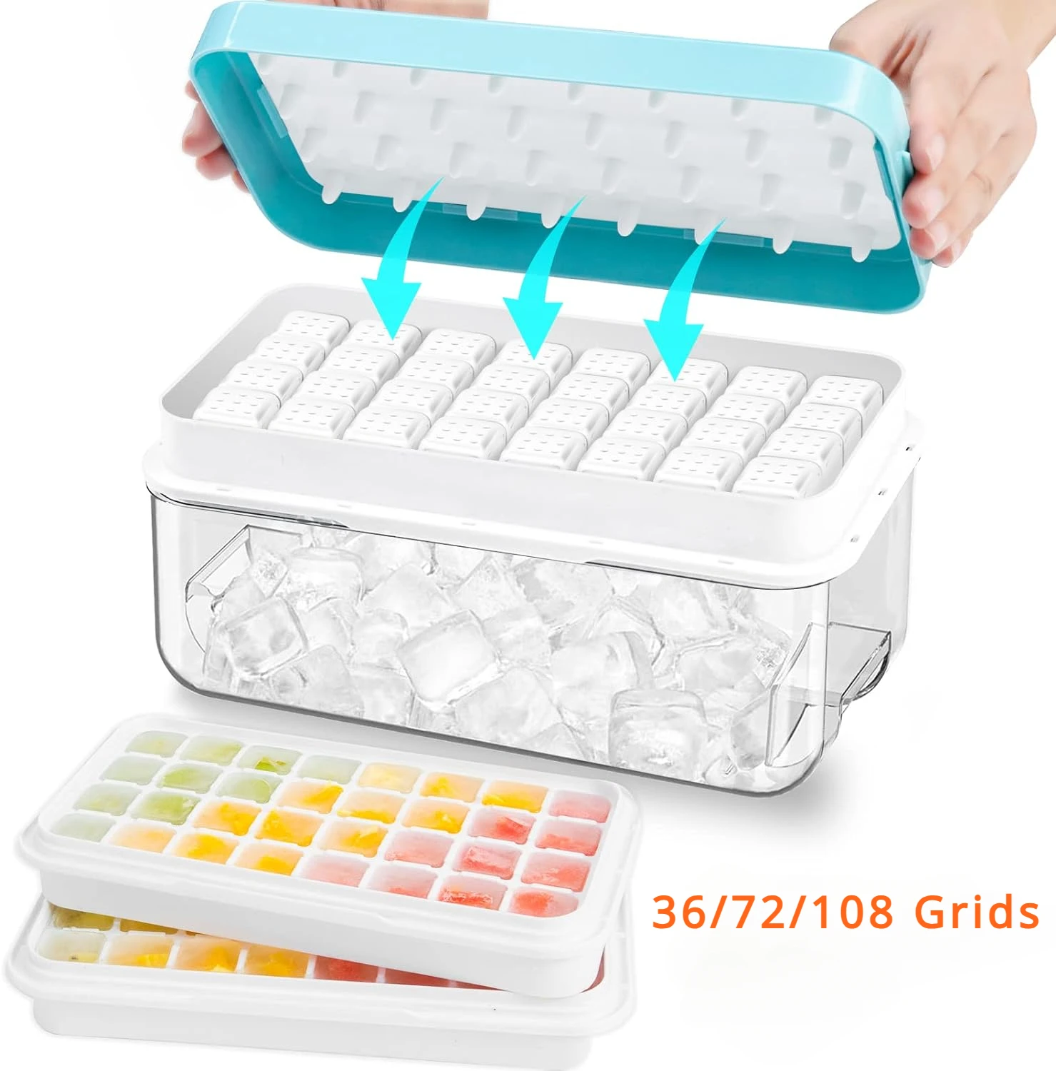 

36/72/108 Grids Ice Cube Tray Plastic Ice Cube Maker w/ Storage Box for Cocktail Ice Cube Tray with Lid and Bin for Freezer