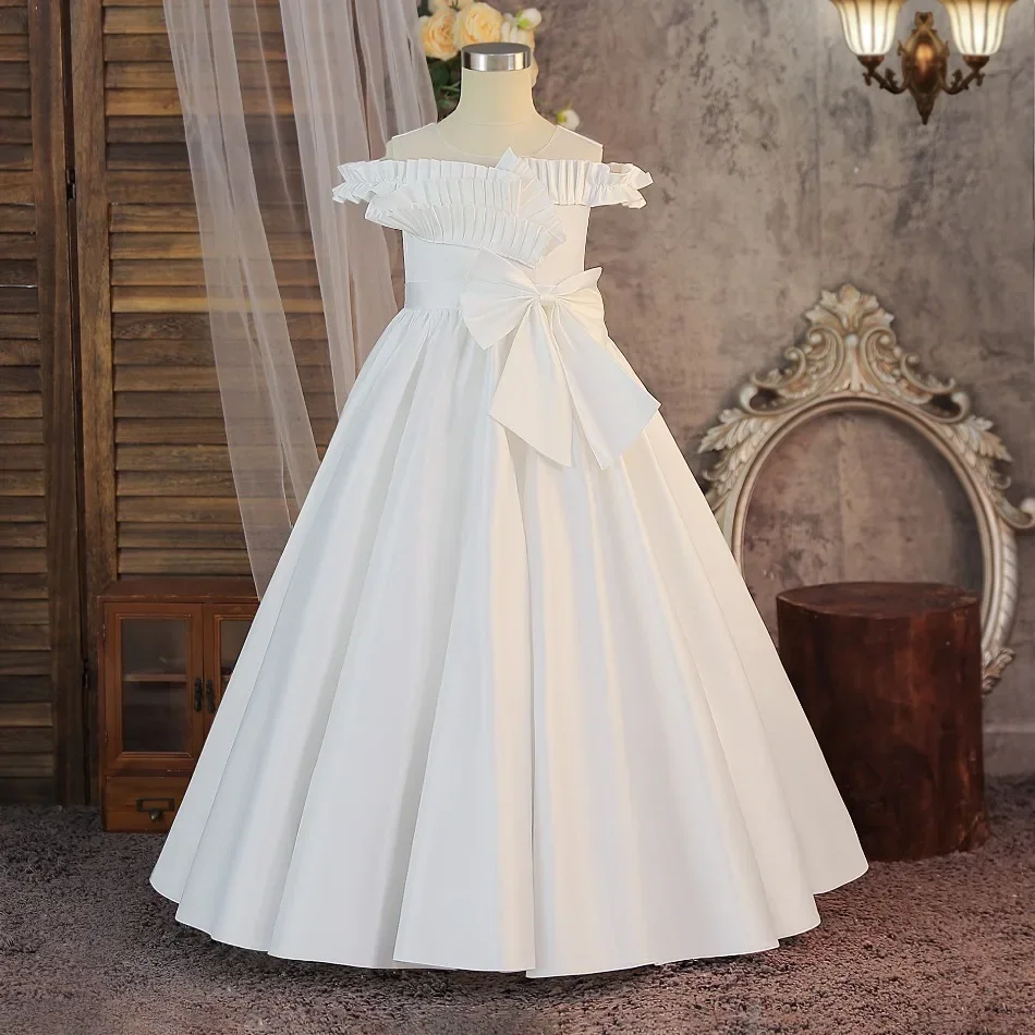 Girl Bow White Long Dress Wedding Bridesmaid First Communion Princess Kids Party Dresses for Girls Birthday Evening Gown ASQ03