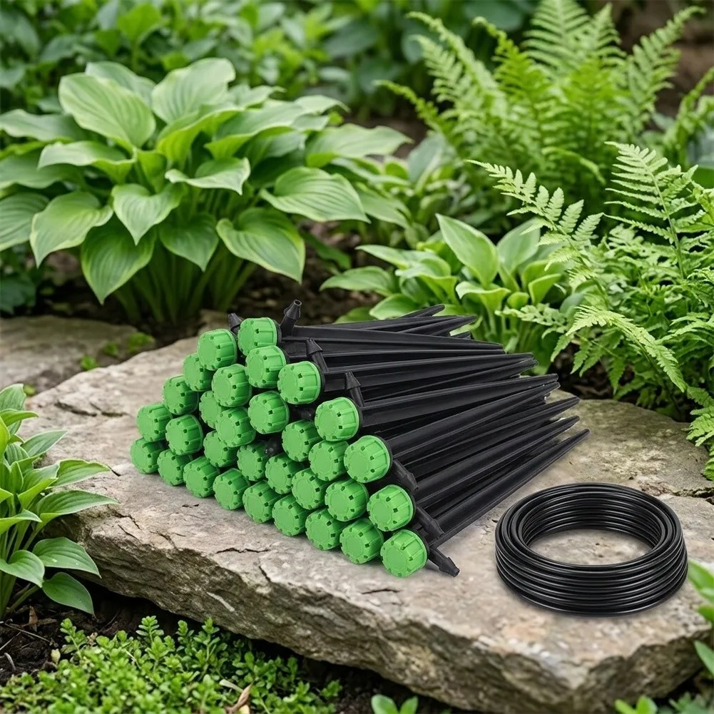 50 Pack Adjustable 360 Degree Drip Emitters with Dual Barb Connectors for PE Tubing For Garden Irrigation Systems