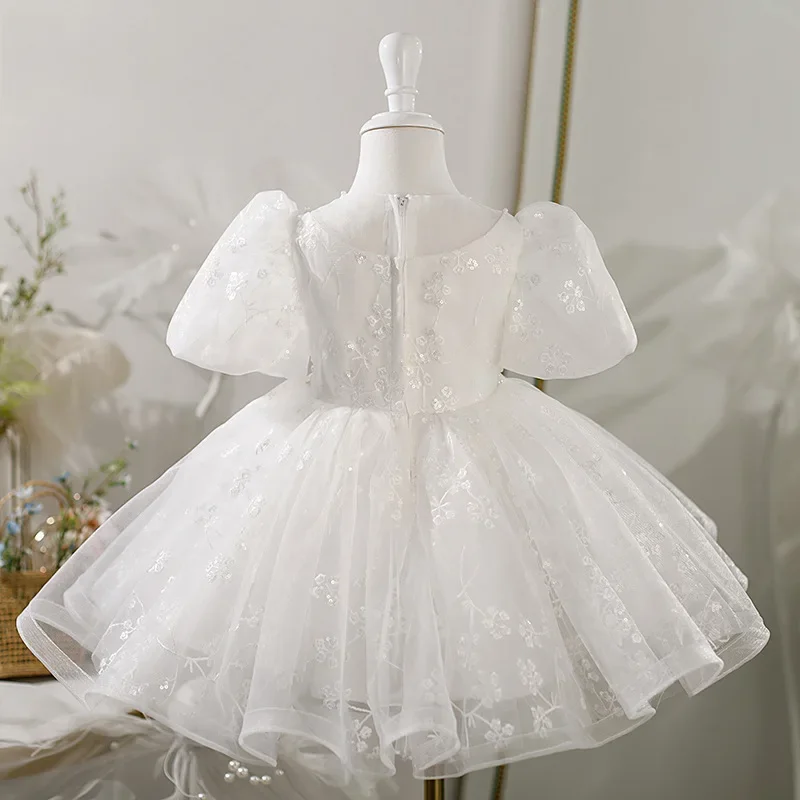 Customized Temperament Tiered O-neck Design Flower Girls Dresses Beading Belt Short Puff Sleeve Simple Pleat Birthday Party Prin