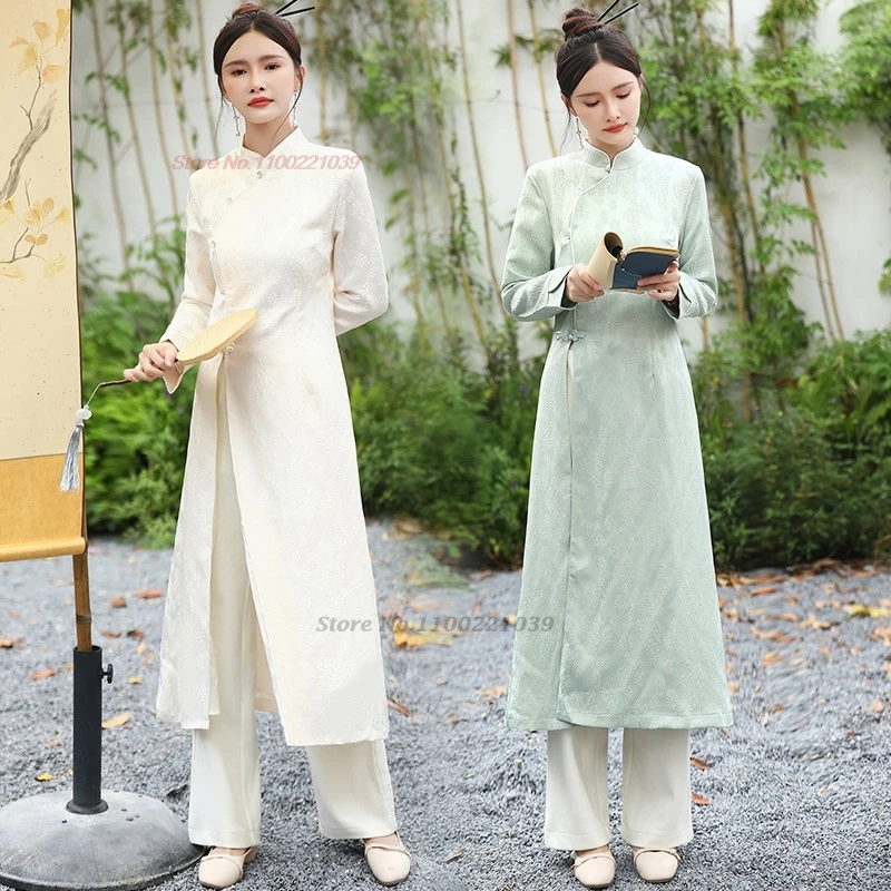 

2024 chinese vintage qipao coat women improved cotton linen jacquard qipao tops oriental tea service hanfu meditation jacket