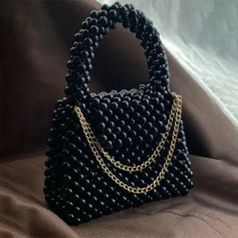 

Handle Women Handmade Bead Bag Imitation Black Pearl Adding Chains Unique Design Celebrity Ladies Party Vacation Purses Handbags