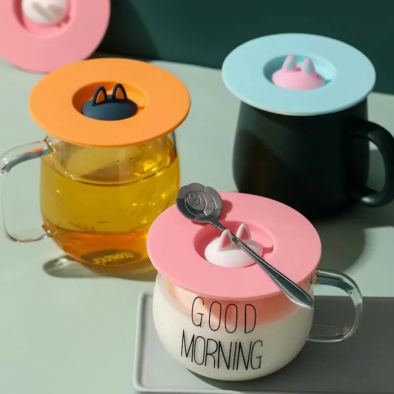 Cute Cat Ear Silicone Cup Lid Dust Proof Round Mug Cover Reusable Cup Topper Seal Drinkware for Home Kitchen Kitchen Tool