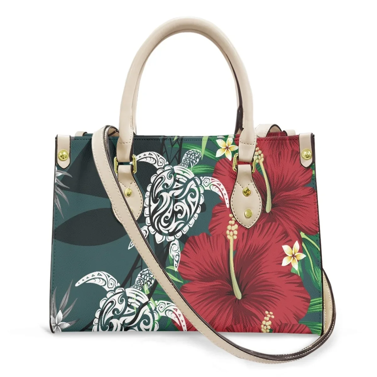 Polynesian Tribal Custom Crossbody Bag for Women Hawaiian Hibiscus Flower with Tattoo Sea Turtle Pattern Leather Handbag Female