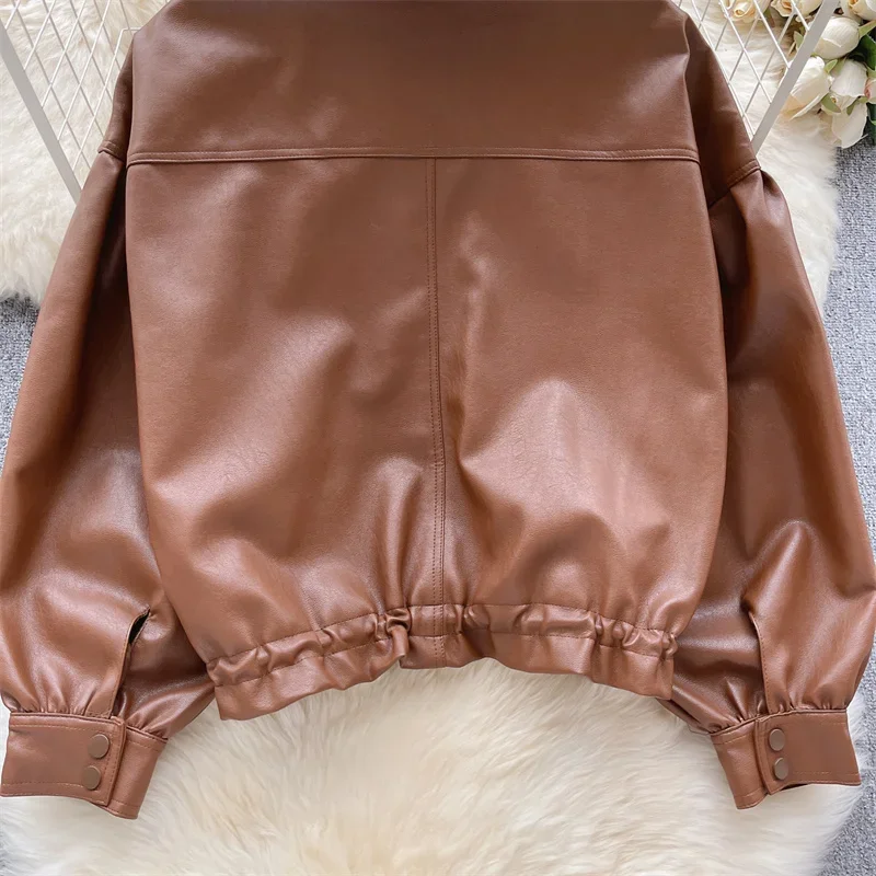 Spring Autumn New Women Korean Loose Big Pocket Faux PU Leather Jacket Coffee Color Lapel Long Sleeve Casual Short Biker Jacket