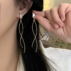 Minimalist Cross Curve Drop Ear Clips Gold Color Slim Long Tassel Clip on Earrings for Female Women Non Pierced Jewelry