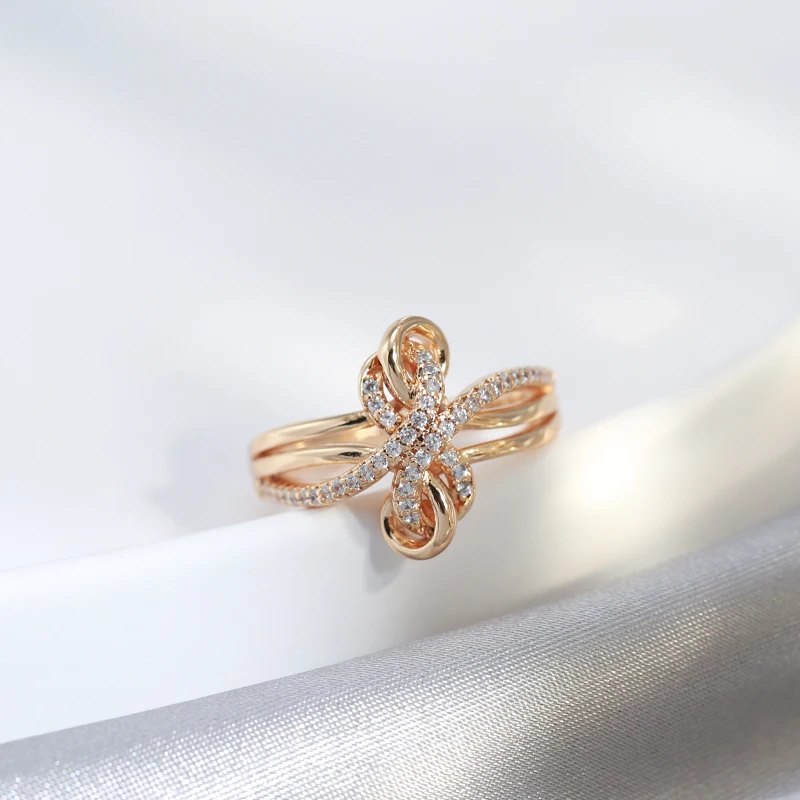 SYOUJYO 585 Rose Golden Bow-knot Rings For Women Natural Zircon Pave Setting Luxury Jewelry