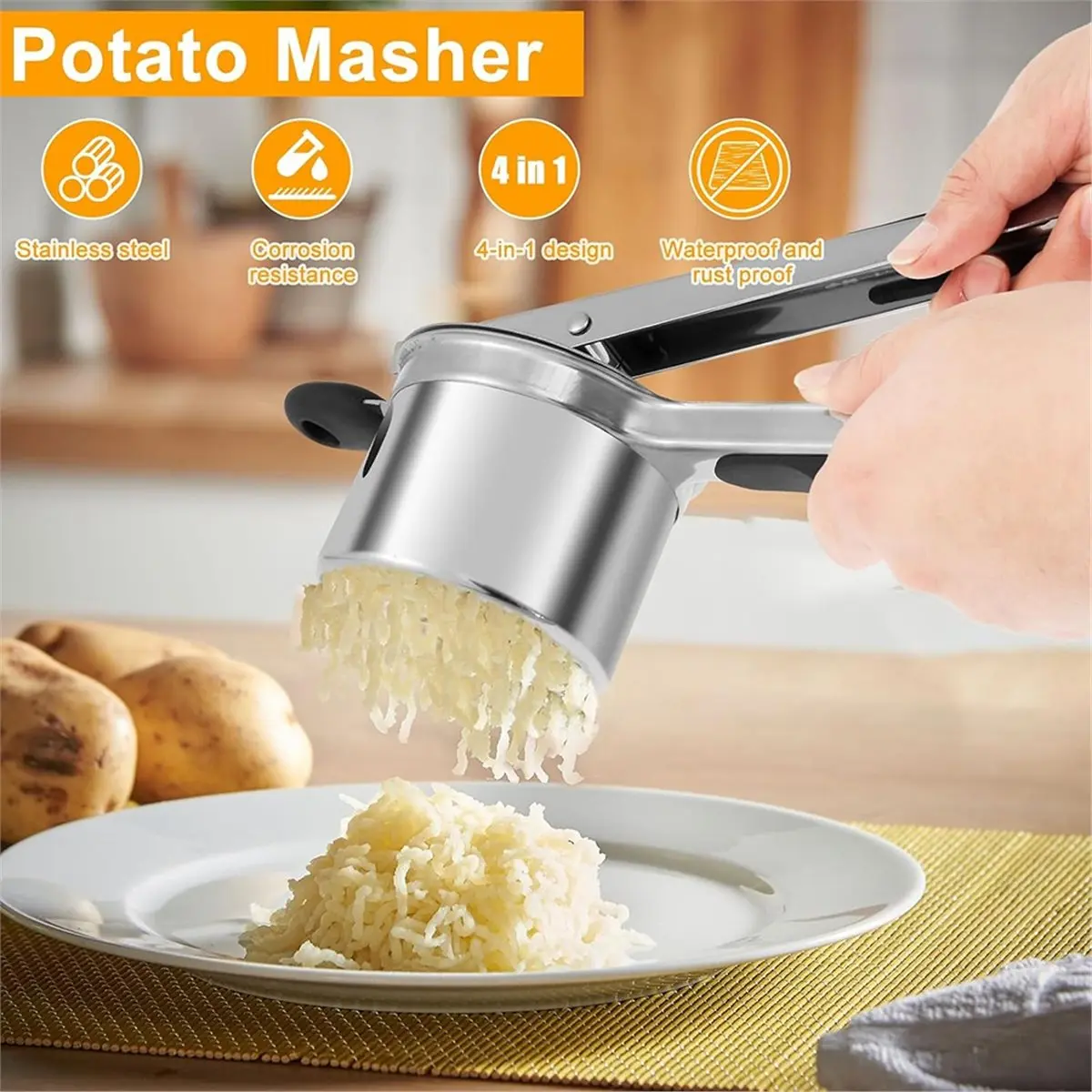 Potato Ricer Stainless Steel Potato Masher with 4 Removable Discs Manual Food Masher with Non Slip Long Handle