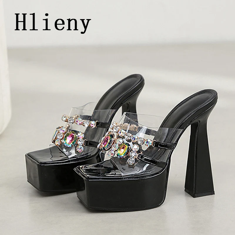 Hlieny High Quality Platform Square Toe Women Slippers Design Crystal PVC Transparent High Heels Ladies Party Sandals Shoes