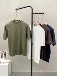 Early Autumn New Mulberry Silk Wool Blended Short Sleeve T-shirt Fashionable BC Simple Knitted Business Casual Men's Half Sleeve