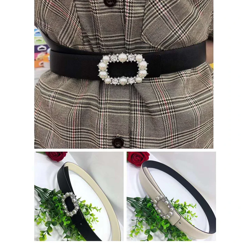 Elegant Pearls Square Buckle Belt Female Reversible Band Colorful Luxury Waist Accessory Top Gift Ladies