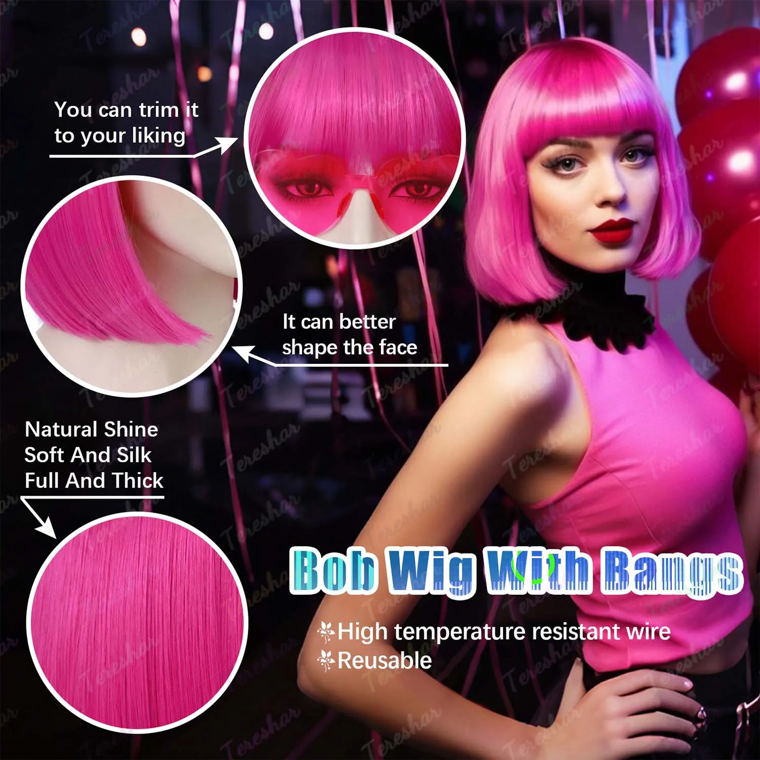 Synthetic Hot Pink Bob Wig+Sunglasses for Women Short  display picture 1