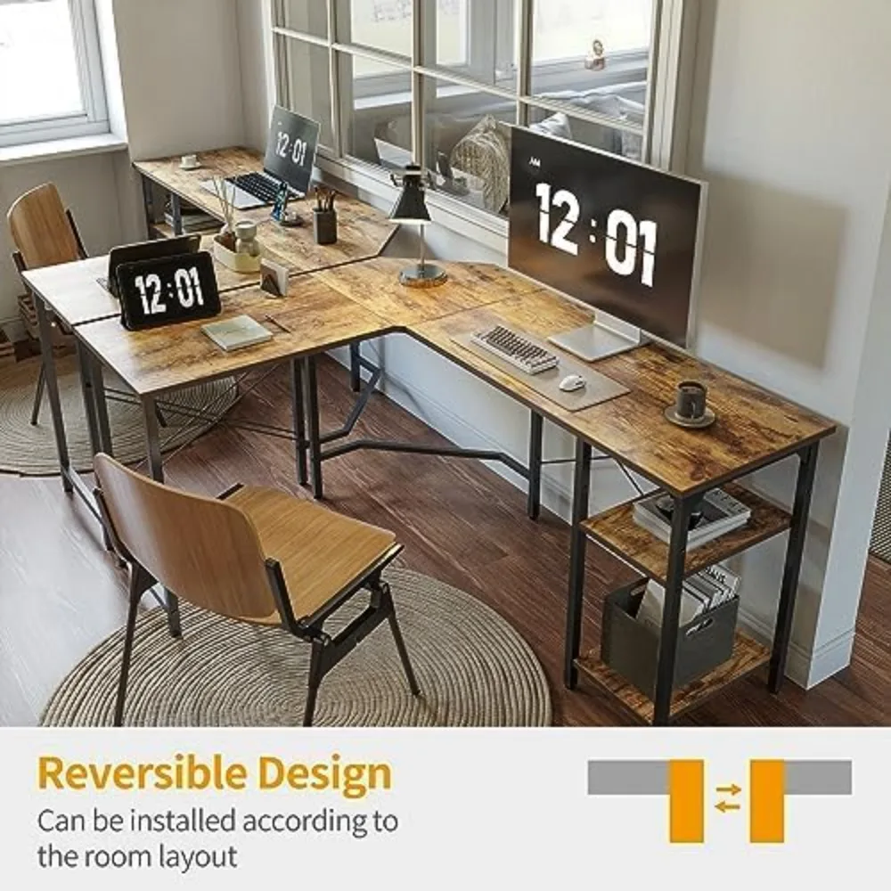 مكتب زاوية على شكل حرف L قابل للعكس مقاس 59.1 بوصة مع أرفف تخزين، مكتب دراسة ألعاب مكتب منزلي واسع باللون البني الريفي