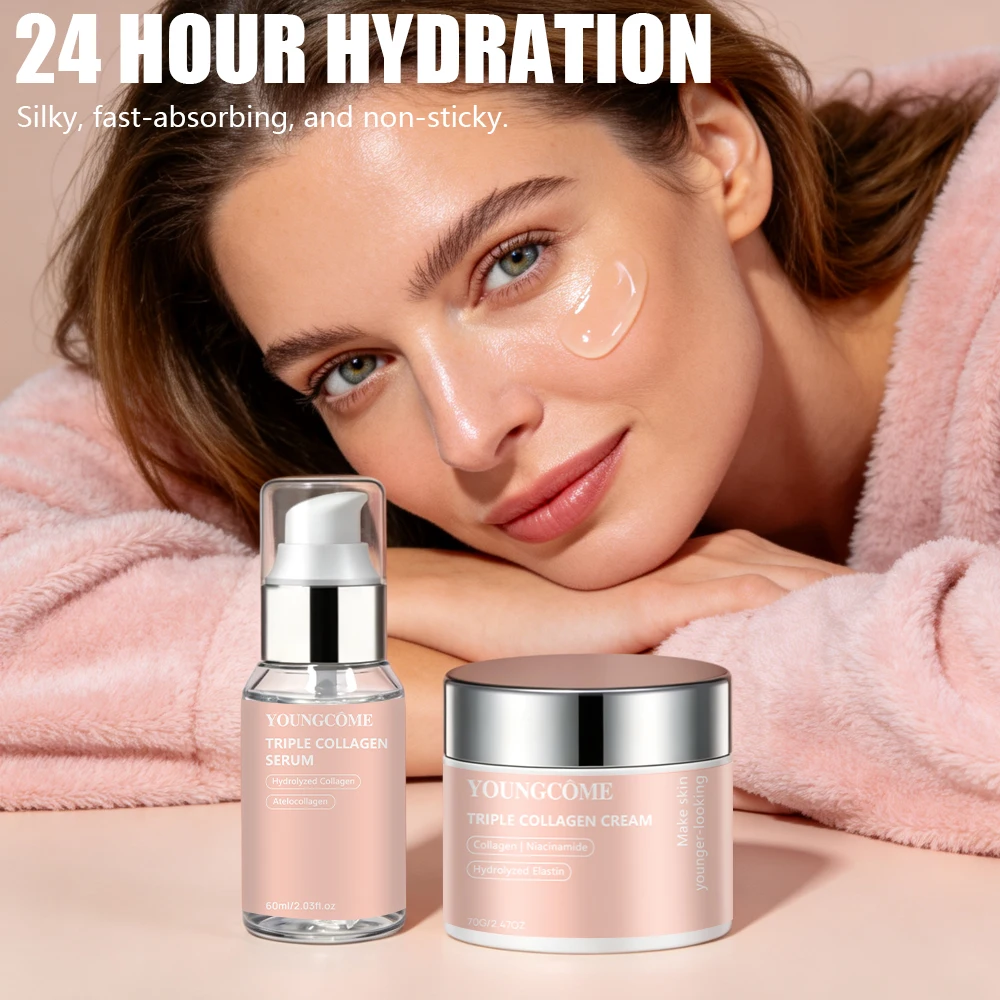 Collagen Cream & Serum Set YOUNGCOME Triple Collagen Bundle with Hydrolyzed Collagen, Niacinamide - Daily Skincare Kit for Hydra