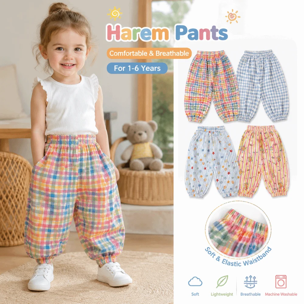 Fashion Floral Print Children's Harlan Pants Ankle Length Mosquito Proof Cotton Ankle Pants Summer Trousers Picnic