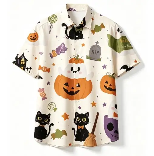 Men Halloween Black Cat Ghost Pumpkin Print Short Sleeve Shirt Lapel Collar Party Holiday Casual Tops
