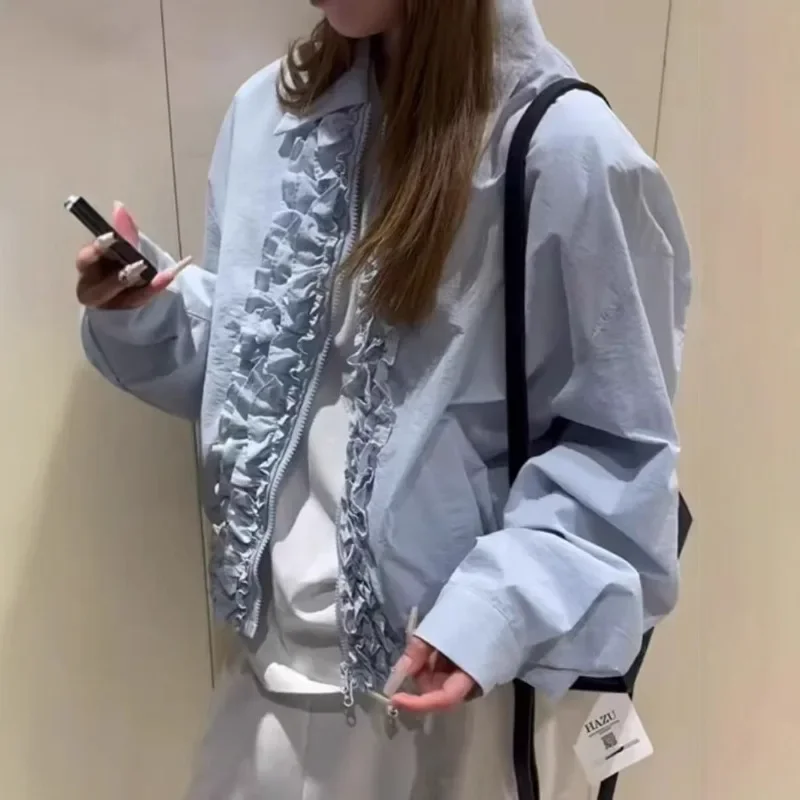 

Spring 2025 Fashion Women's Outerwear - French Blue Coat with Loose Lace Retro Jacket