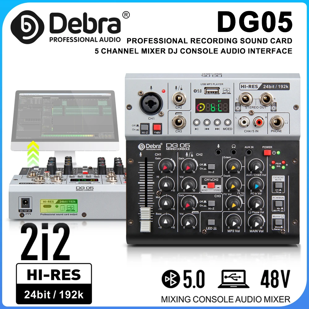 

DG05 Professional Recording Sound Card Audio Mixer, Studio Quality 24bit 192k with Bluetooth 5.0, for Studio, Computer Recording